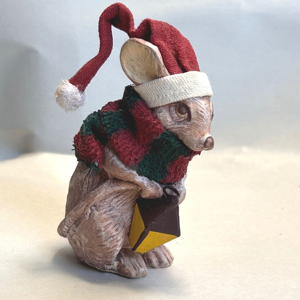 Christmas Mouse Rustic Figurine Santa Hat Scarf Lantern Vintage Holiday Decor